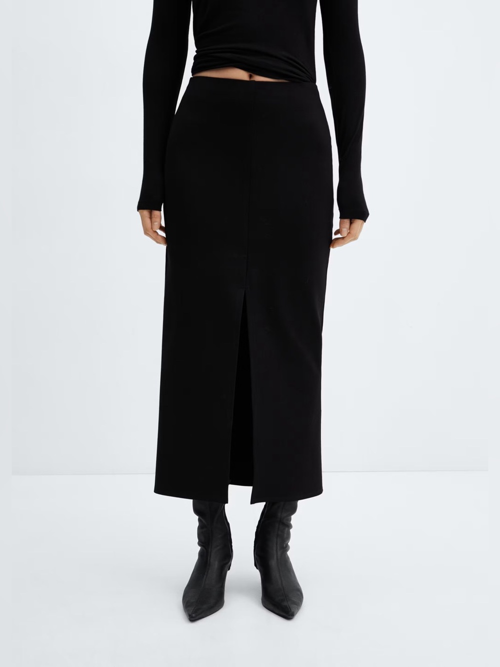 New Mango MNG Black Midi Skirt With Front Slit Size US 8 $49.99